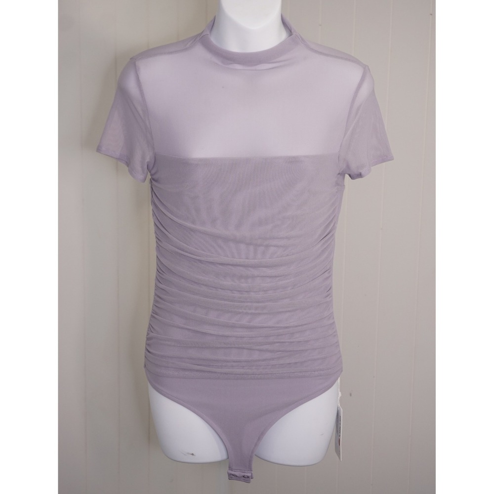 REORIA Size Medium Purple Mesh Ruched Short Sleeve Bodysuit